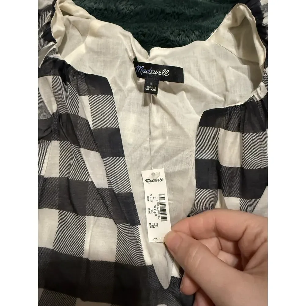 NWT Madewell Bubble-Sleeve Top True‎ Black Gingham Plaid Short Sleeve Size 2